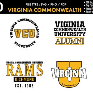 Könnte beinhalten: Eine Sammlung von Logos und Textdesigns für die Virginia Commonwealth University. Die Designs umfassen das VCU-Logo in einem kreisförmigen Design, die Worte "Virginia Commonwealth University Alumni", das Wort "Rams" mit "Richmond" und "Est. 1968" sowie ein stilisiertes "U" mit "Virginia Commonwealth".