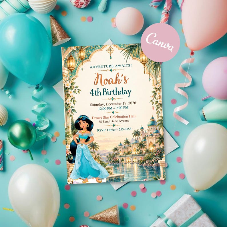 Princess Jasmine Birthday Invitation, Aladdin Magic Carpet Party Invite ...