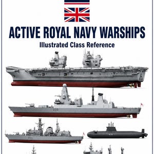 Puede incluir: Referencia ilustrada de los buques de guerra activos de la Royal Navy. La imagen presenta varios buques de guerra, incluyendo un portaaviones, destructores, un submarino y otros barcos. Los barcos son principalmente grises con cascos rojos. El logotipo de la Royal Navy está en la parte superior.