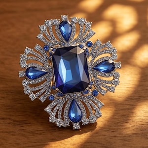 Op de afbeelding: Een sierlijke broche met een grote, rechthoekige, diepblauwe edelsteen in het midden. De broche heeft een zilverkleurige metalen zetting, versierd met kleinere blauwe en heldere edelstenen in een decoratief patroon. Het ontwerp is symmetrisch en elegant.