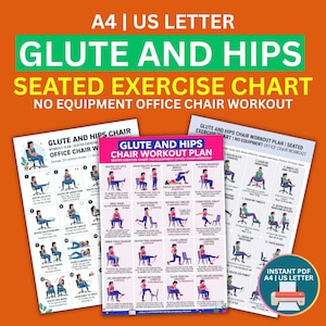 Könnte beinhalten: Drei Trainingskarten mit dem Titel "Glute and Hips Seated Exercise Chart" mit dem Text "No Equipment Office Chair Workout". Die Karten zeigen Illustrationen von Übungen. Die Karten befinden sich auf einem orangefarbenen Hintergrund.