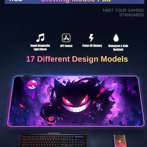 May include: A glowing mouse pad with a purple and black design featuring a cartoon character. The pad has RGB lighting and features such as sound-responsive light effects, app control, and power-off memory. The text on the pad says "17 Different Design Models."