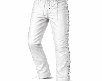Witte leren veterbroek heren, handgemaakte leren broek in westerse stijl, cowboy bikerbroek, op maat gemaakte lederen jeans voor heren