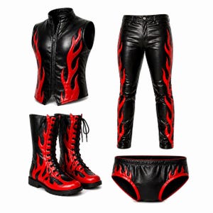 May include: A black leather vest, trousers, boots, and briefs set with red flame designs. The vest has a zip closure. The trousers are fitted. The boots are lace-up. The briefs have red trim.