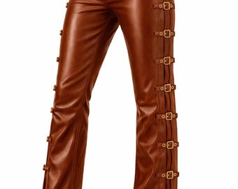 Brown Leather Pants for Men side buckles Western Style, Handmade Cowboy Trousers, Biker Fashion Genuine Leather Bottoms