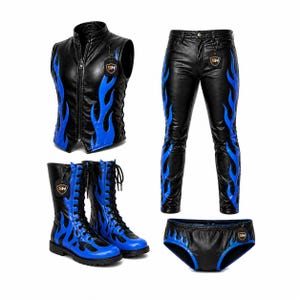 May include: A black leather vest, trousers, boots, and briefs set with blue flame designs. The vest has a zip and lace-up sides. The trousers and boots feature flame accents. The briefs have blue trim.