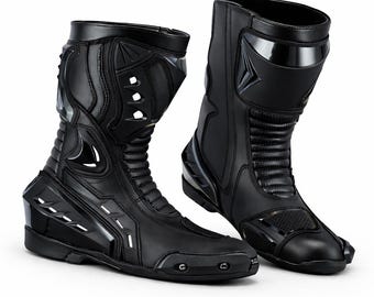 Motorcycle Racing Boots MotoGP Style | Protective Riding Boots | Men Biker Safety Gear | Sport Bike Boots Black | Track Racing Shoes