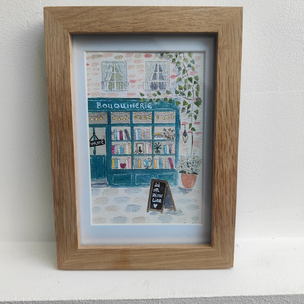 Watercolor illustration of a bookstore, original handmade watercolor, watercolor cozy shop