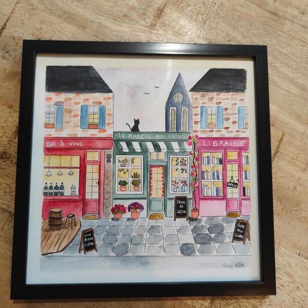 Watercolor 20x20cm - watercolor illustration of shops - handmade