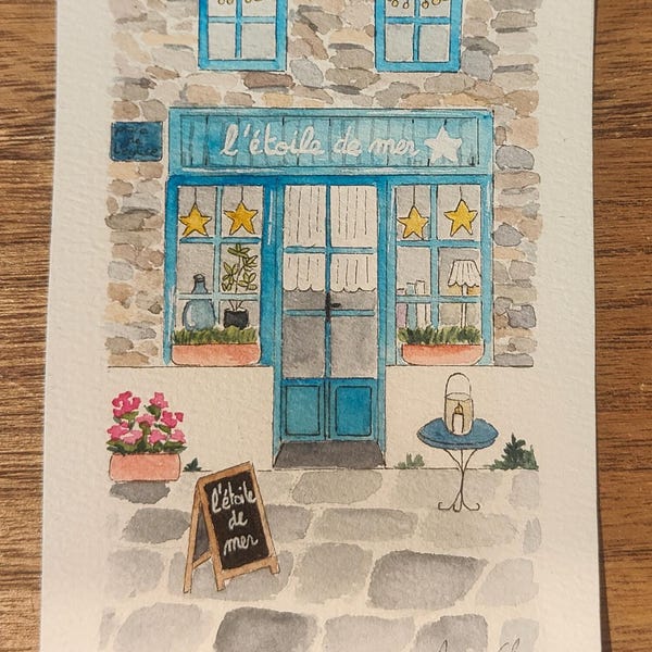 Watercolor illustration of a Breton shop, 10x15cm handmade illustration