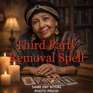 May include: An older woman wearing a turban and jewelry, with the text "Third Party Removal Spell." Lit candles and tarot cards are on a wooden table. The text "SAME DAY RITUAL PHOTO PROOF" is at the bottom.