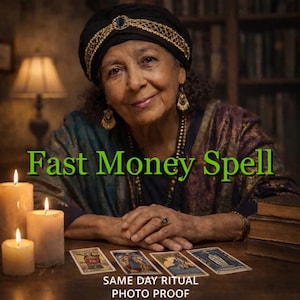 Puede incluir: Una mujer mayor con turbante y joyas, con el texto "Fast Money Spell". Cartas del tarot y velas encendidas sobre una mesa de madera. La imagen también incluye el texto "SAME DAY RITUAL PHOTO PROOF."