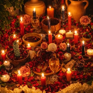 May include: A mystical altar scene with lit candles, roses, and scattered petals. Various vessels, including vases and bowls, are arranged amidst the floral display. The warm lighting creates a spiritual ambiance, suggesting a ritual or ceremony.