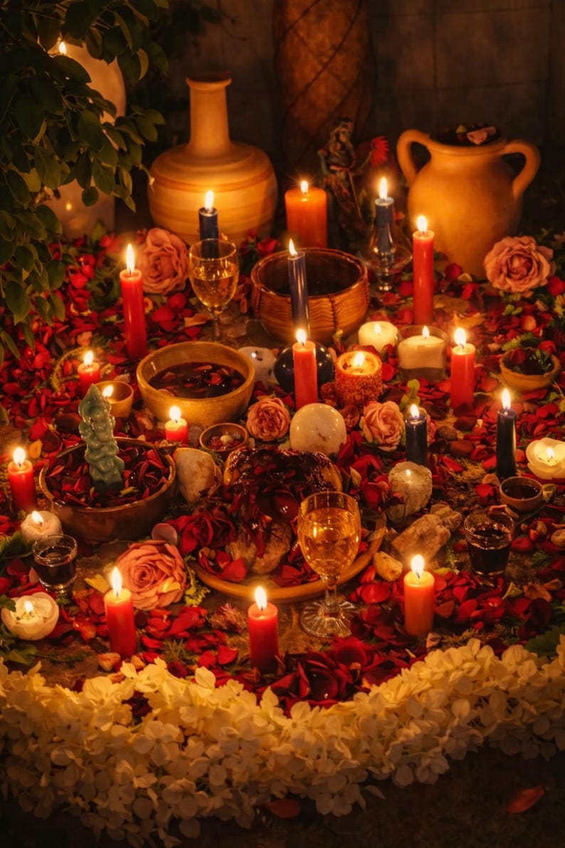 May include: A mystical altar scene with lit candles, roses, and scattered petals. Various vessels, including vases and bowls, are arranged amidst the floral display. The warm lighting creates a spiritual ambiance, suggesting a ritual or ceremony.