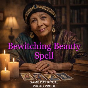 May include: An image featuring a woman wearing a turban and jewelry, with the text "Bewitching Beauty Spell." Lit candles and tarot cards are on a wooden table. The text "Same Day Ritual Photo Proof" is also visible.