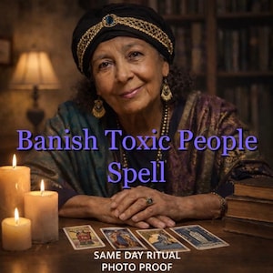 May include: A person wearing a black turban with gold trim and dangling earrings, positioned behind a table with three lit candles, four tarot cards, and a stack of books. The text reads Banish Toxic People Spell and SAME DAY RITUAL PHOTO PROOF.
