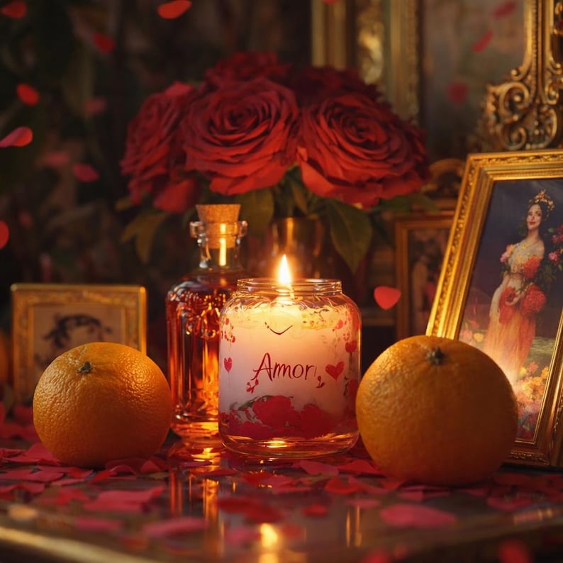 May include: A lit candle in a glass jar with the word "Amor" and heart designs. Two oranges and a bottle are in front of a bouquet of red roses. A framed picture is on the right.