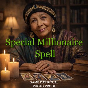 May include: A person wearing a black headpiece with gold trim and dangling earrings, positioned behind four tarot cards, three lit candles, and a stack of books. The text reads Special Millionaire Spell and SAME DAY RITUAL PHOTO PROOF.