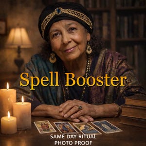 May include: An older person wearing a black turban with a gold band and blue gemstone, gold drop earrings, and a dark patterned shawl. The text Spell Booster, Same Day Ritual, and Photo Proof appear over four tarot cards and three lit candles.