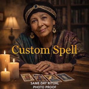 Puede incluir: Imagen de una mujer con turbante y joyas, con el texto "Custom Spell". Velas encendidas y cartas del tarot sobre una mesa de madera. También se ve el texto "SAME DAY RITUAL PHOTO PROOF".