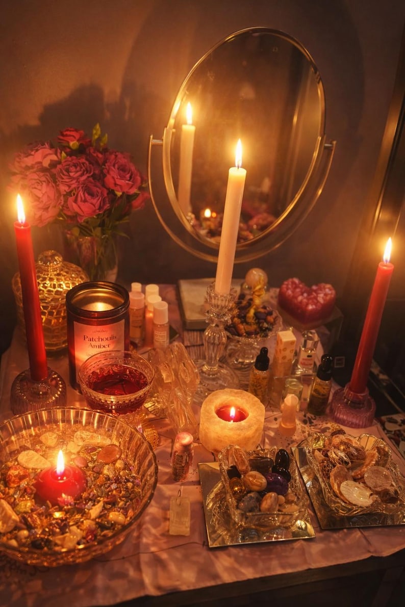May include: A candlelit display featuring a mirror, red roses, and various items. Lit candles of different sizes and shapes are arranged on a table, along with small bottles, crystals, and a heart-shaped candle. The scene is bathed in warm light.