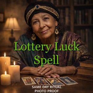 Può includere: Immagine di una donna con turbante e gioielli, con il testo verde "Lottery Luck Spell". Carte dei tarocchi e candele accese su un tavolo di legno. Il testo "SAME DAY RITUAL PHOTO PROOF" è in basso.