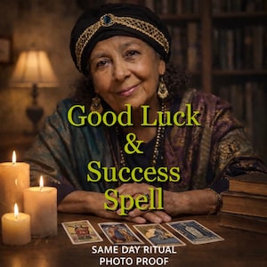 May include: A woman in a turban and jewellery, with the text "Good Luck & Success Spell." Lit candles and tarot cards are on the table. The text "Same Day Ritual Photo Proof" is also visible in the image.