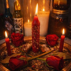 May include: A spiritual altar setup featuring a central red candle adorned with gold flakes, surrounded by red roses, smaller red candles, and herbs on a gold tray. Lit candles and jars create a warm, inviting ambiance.