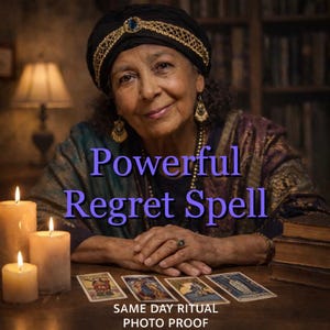 May include: An image featuring a woman with a turban and jewelry, with the text "Powerful Regret Spell." Tarot cards and lit candles are on a wooden table. The text "SAME DAY RITUAL PHOTO PROOF" is also visible.