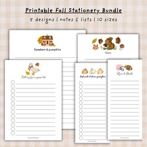Può includere: Un set di cancelleria autunnale stampabile con cinque design, note ed elenchi in dieci dimensioni. Le pagine presentano illustrazioni di una casa, uno scoiattolo, un'oca, zucche e un pallone da football, con testi come Sweaters & pumpkins.
