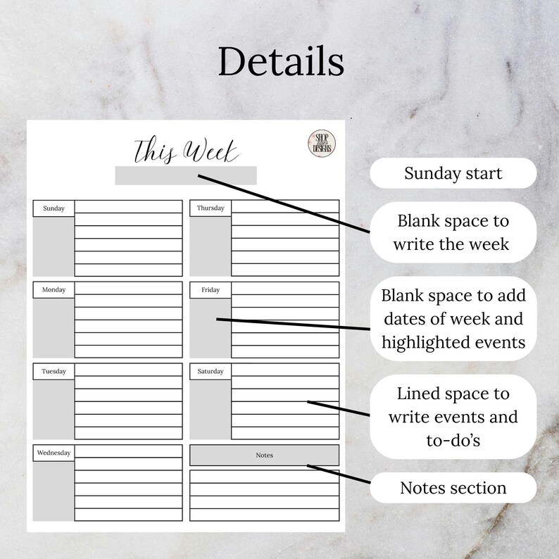Weekley Planner Cursive Weekly Planner Black and White Minimalist Cursive: Sunday Start ...