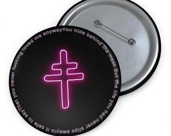 Gothic Neon Cross Button Pin | Angel Wings Lyric Badge, Alternative Metal Accessory