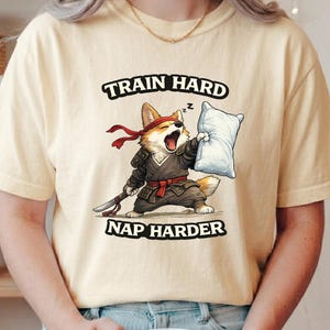 Train Hard Nap Harder Graphic T-Shirt, Funny Corgi Workout Gift, Lazy Dog Gym Joke, Comfort Colors Animal Apparel, Animal Humor, Dog Lover