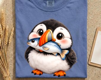 Puffin Shirt for Bird Watchers, Bird Lover Gift, Cute Puffin Holding Fish Tee, Seabird Graphic Shirt, Coastal Wildlife Tee
