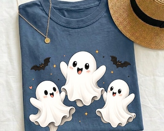 Kawaii Ghost Shirt for Women, Cute Spooky Season Tee, Halloween Ghost Trio Tshirt, Cozy Fall Graphic Sweatshirt, Ghost Lover Gift