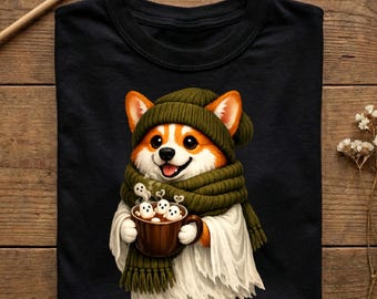 Cute Corgi Ghost Shirt for Dog Lovers, Cozy Halloween Tee, Kawaii Fall Dog Sweatshirt, Hot Cocoa Ghost Puppy Gift, Autumn Outfit