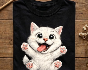 Cute White Cat Shirt for Cat Lovers, Funny Kitten Graphic Tee, Kawaii Cat Gift for Women, Cozy Pet Lover Sweatshirt, Cute Kitty Tshirt