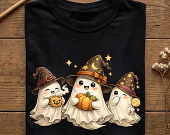 Ghost Trio Halloween Shirt for Women, Kawaii Ghost Tee, Cute Witch Ghost Tshirt, Cozy Spooky Season Gift, Fall Pumpkin Sweatshirt
