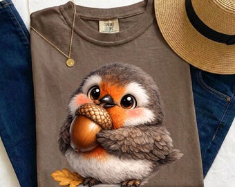 Cute Robin Bird Shirt for Bird Lovers, Bird Watching Gift, Woodland Bird Tee, Autumn Robin with Acorn, Nature Lover Sweatshirt