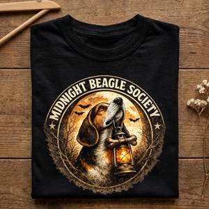 May include: A black t-shirt featuring a circular graphic of a beagle dog holding a lit lantern in its mouth. The design includes the text "MIDNIGHT BEAGLE SOCIETY" in a circular border, set against a background of a full moon, bare trees, and bats.