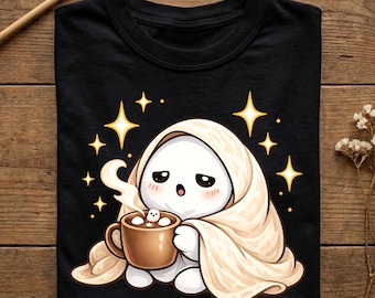 Cute Cozy Ghost Shirt for Coffee Lovers, Halloween Ghost Tee, Fall Spooky Season Sweatshirt, Cute Autumn Gift for Introverts