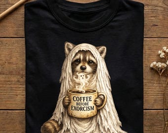 Raccoon Ghost Shirt for Coffee Lovers, Coffee Before Exorcism Tee, Cute Halloween Raccoon Sweatshirt, Spooky Season Gift for Dog Lovers