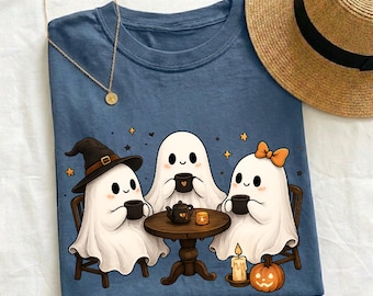 Cute Ghost Halloween Shirt for Coffee Lovers, Cozy Spooky Season Tee, Kawaii Ghost Friends, Fall Autumn Gift for Her, Cute Ghost Sweatshirt