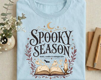 Spooky Season Shirt for Book Lovers, Halloween Reading Tshirt, Books Candles Midnight Tales Tee, Dark Academia Fall Gift