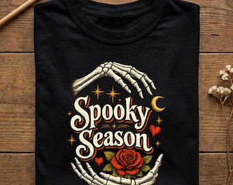 Spooky Season Shirt, Skeleton Hands Rose Halloween Tee, Gothic Halloween Tshirt for Women, Witchy Fall Gift, Vintage Spooky Sweatshirt