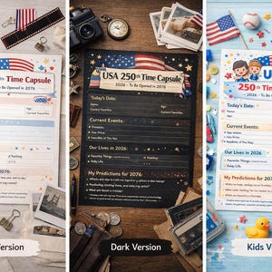 Op de afbeelding: Drie versies van een tijdcapsuleblad met de tekst "USA 250th Time Capsule 2026 - To Be Opened in 2076". De versies omvatten een licht, donker en kinderthema, elk met ruimte om persoonlijke details en voorspellingen in te vullen.