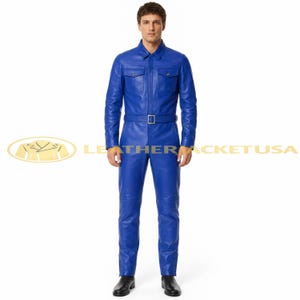 Men’s Genuine Leather Jumpsuit, Royal Blue Belted One-Piece Utility Coverall, Custom Fit
