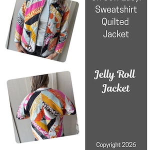 May include: A quilted jacket featuring a patchwork design of diagonal fabric strips in vibrant colors including pink, orange, yellow, and black with various patterns. The jacket has a black and white patterned trim along the edges and front opening.