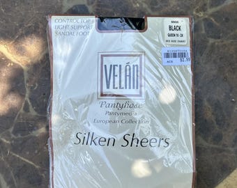 Velan Vintage Pantyhose NWT Black Size Queen 1X-2X Style 9900 Silken Sheers
