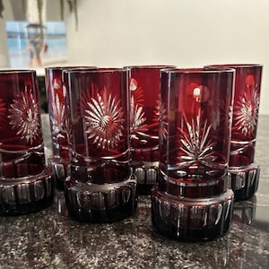 Pode incluir: Conjunto de seis copos de shot de cristal vermelho rubi. Cada copo apresenta um design gravado detalhado de um sol e padrões semelhantes a samambaias. Os copos têm uma base sólida e decorativa.